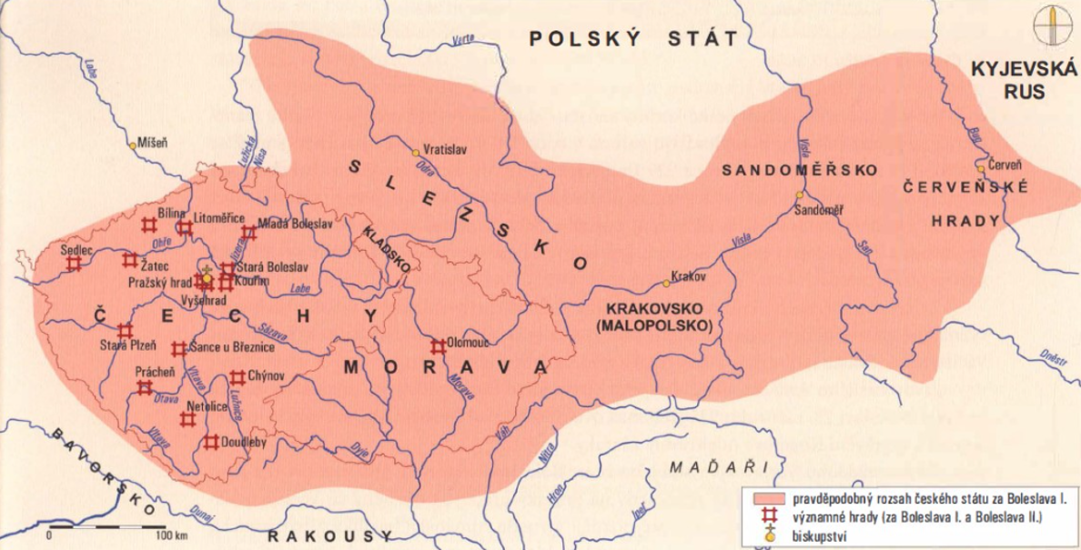 rozsah českého státu za vlády Boleslava I. (zdroj: https://www.e-stredovek.cz/post/boleslav-i-ukrutny/images/mapa_boleslav.jpg)